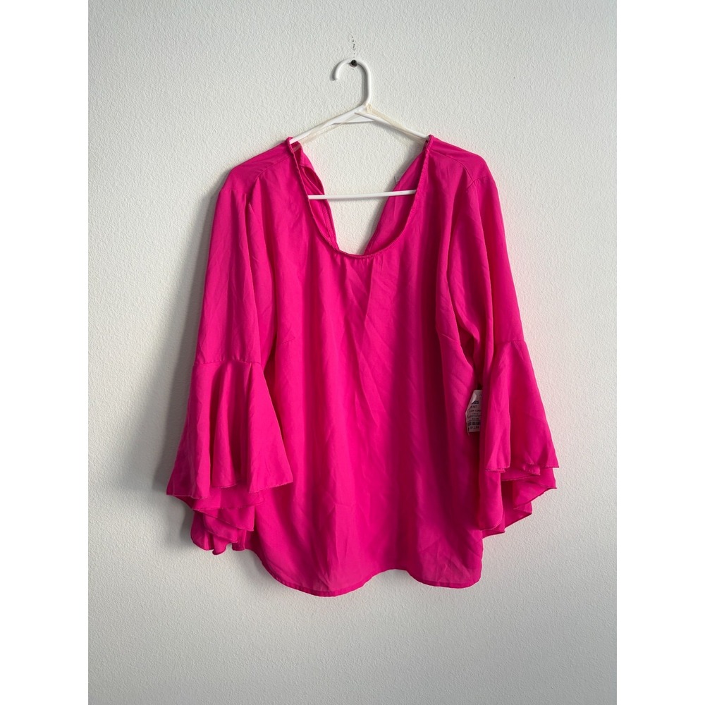 Live 4 Truth Blouse Top Womens 1X Bright Pink Bell Sleeve V-Neck Tie Front Boho